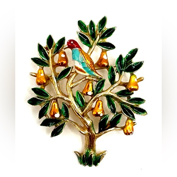 RARE 1960s Trifari Signed Tree of Life Brooch-Enamel Pear Tree Bird-Original Box - Picture 2 of 14